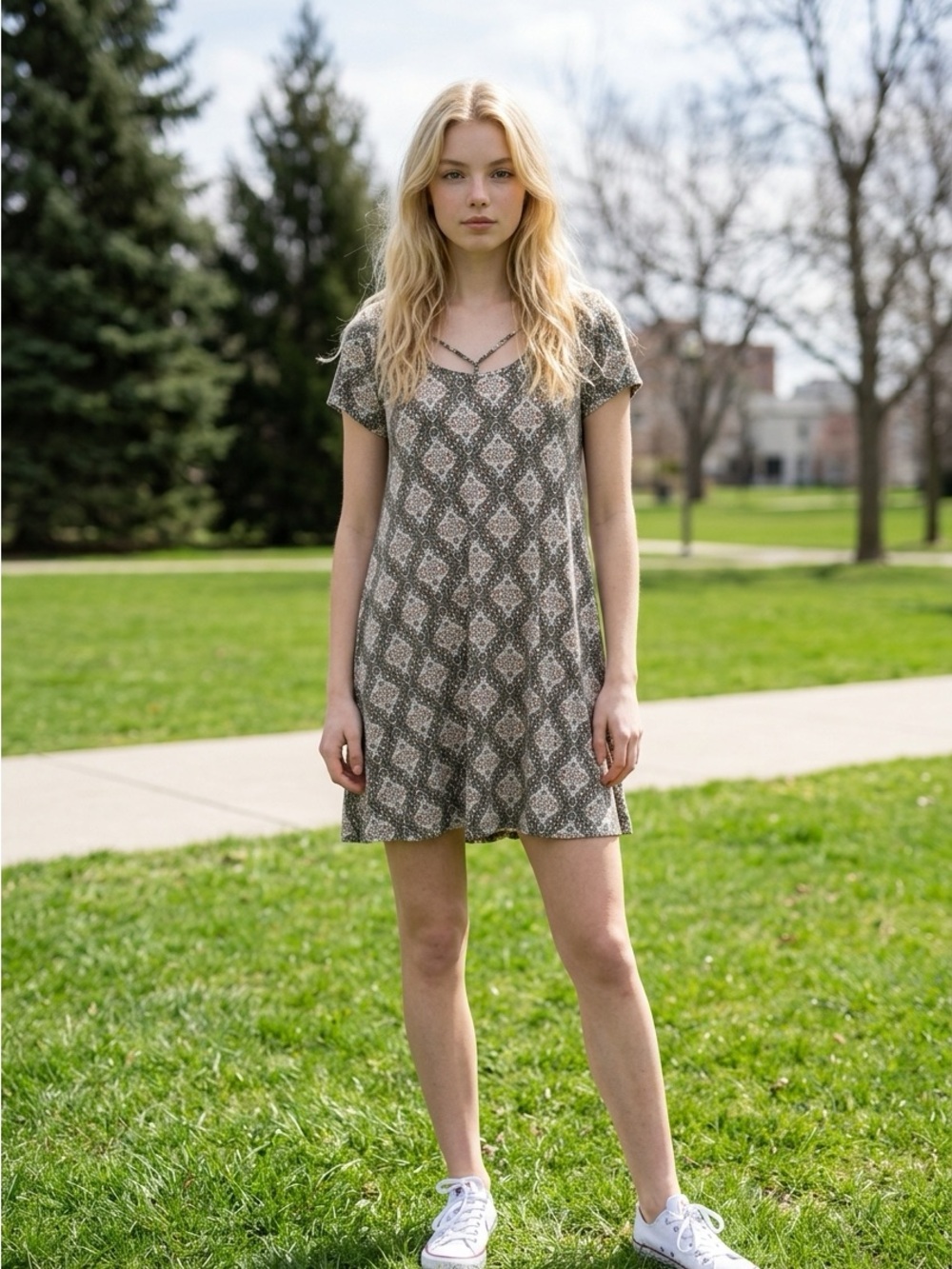 nine britton Taupe Printed Short-Sleeve Mini Dress
